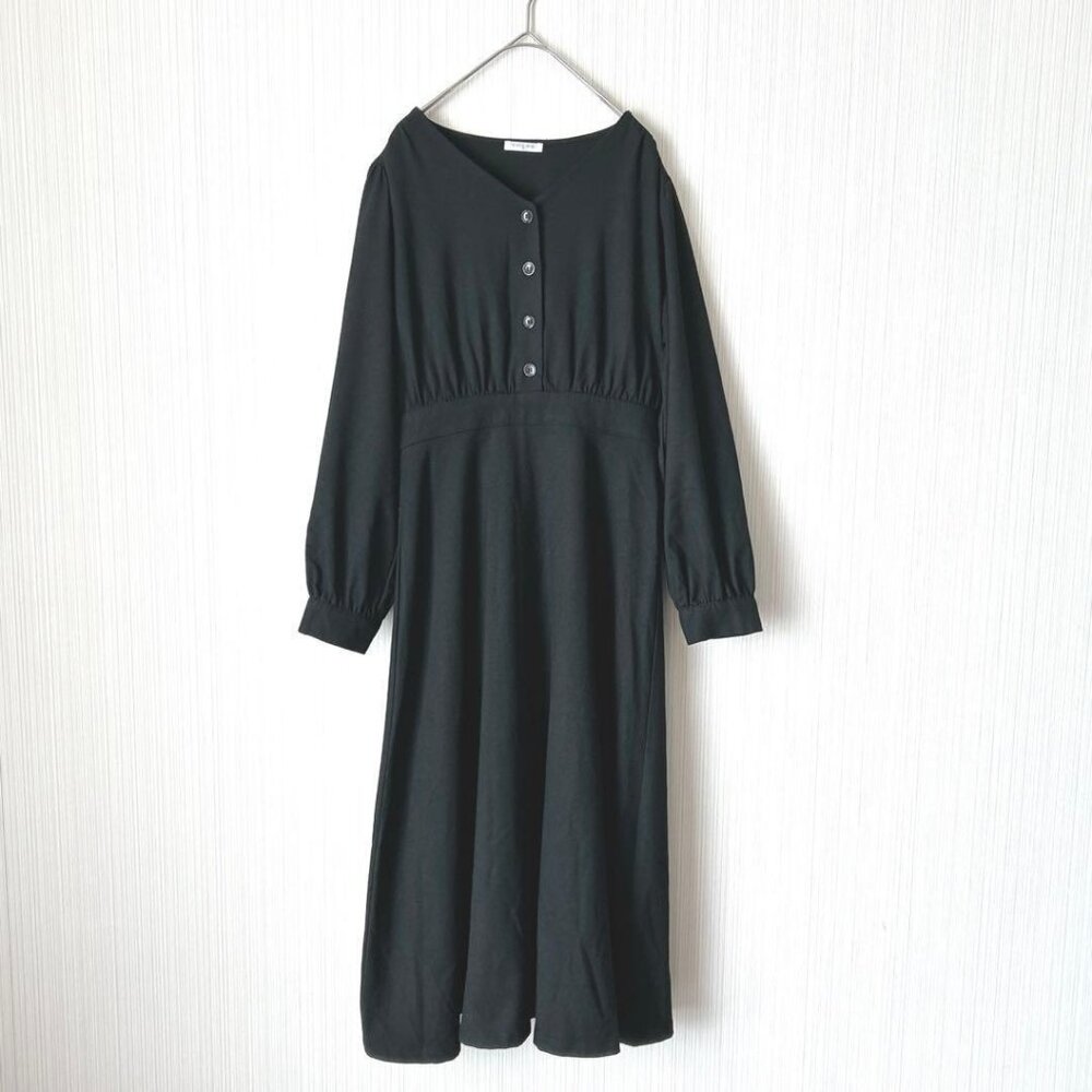 Colzea Long Flare Dress Black M Gathered Elastic